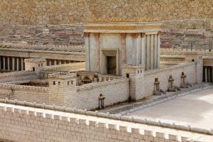 Model of the Second Temple, where the scarlet thread once indicated forgiveness at Yom Kippur