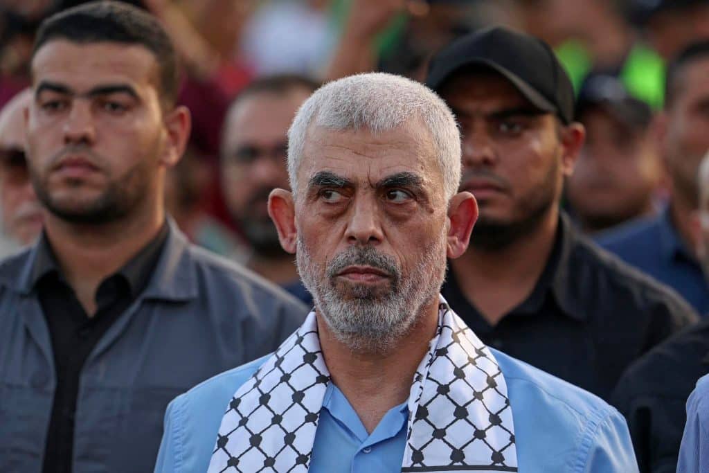 Head of the political wing of the Palestinian Hamas movement in the Gaza Strip Yahya Sinwar attends a rally in support of Jerusalem's al-Aqsa mosque in Gaza City on October 1, 2022. (Photo by MAHMUD HAMS / AFP)