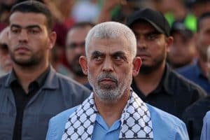 Head of the political wing of the Palestinian Hamas movement in the Gaza Strip Yahya Sinwar attends a rally in support of Jerusalem's al-Aqsa mosque in Gaza City on October 1, 2022. (Photo by MAHMUD HAMS / AFP)